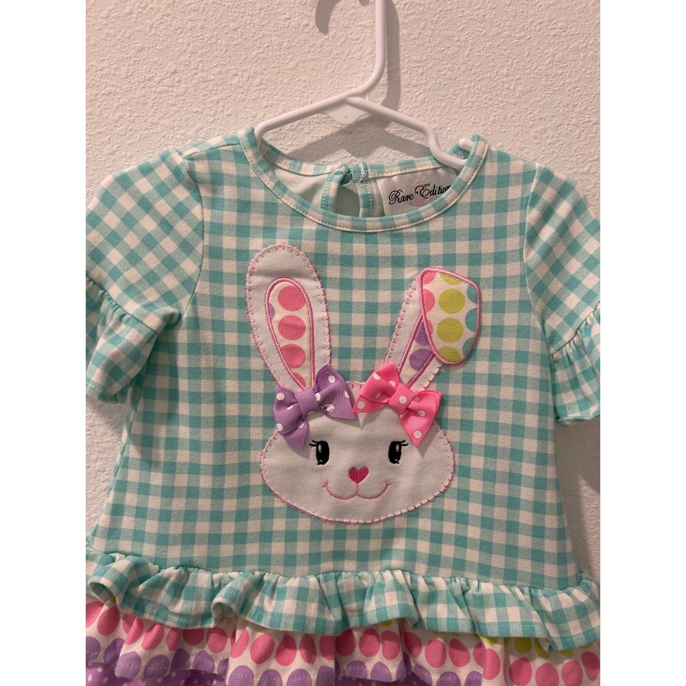 Rare Editions Baby Girl Teal Gingham Bunny Ruffle Top Shirt 12M - Picture 2 of 6